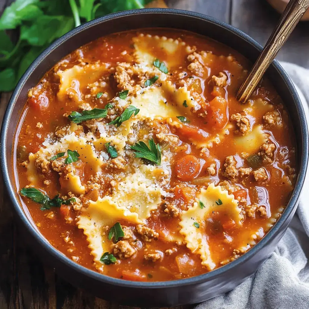 A steaming bowl of chunky pasta soup with ground meat, bright red tomatoes, and fresh green herbs, ready to eat.