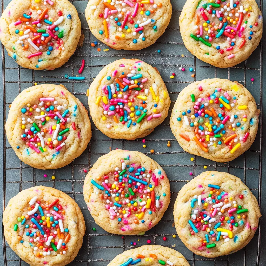 Freshly made cookies topped with a burst of colorful sprinkles sitting on a cooling rack.