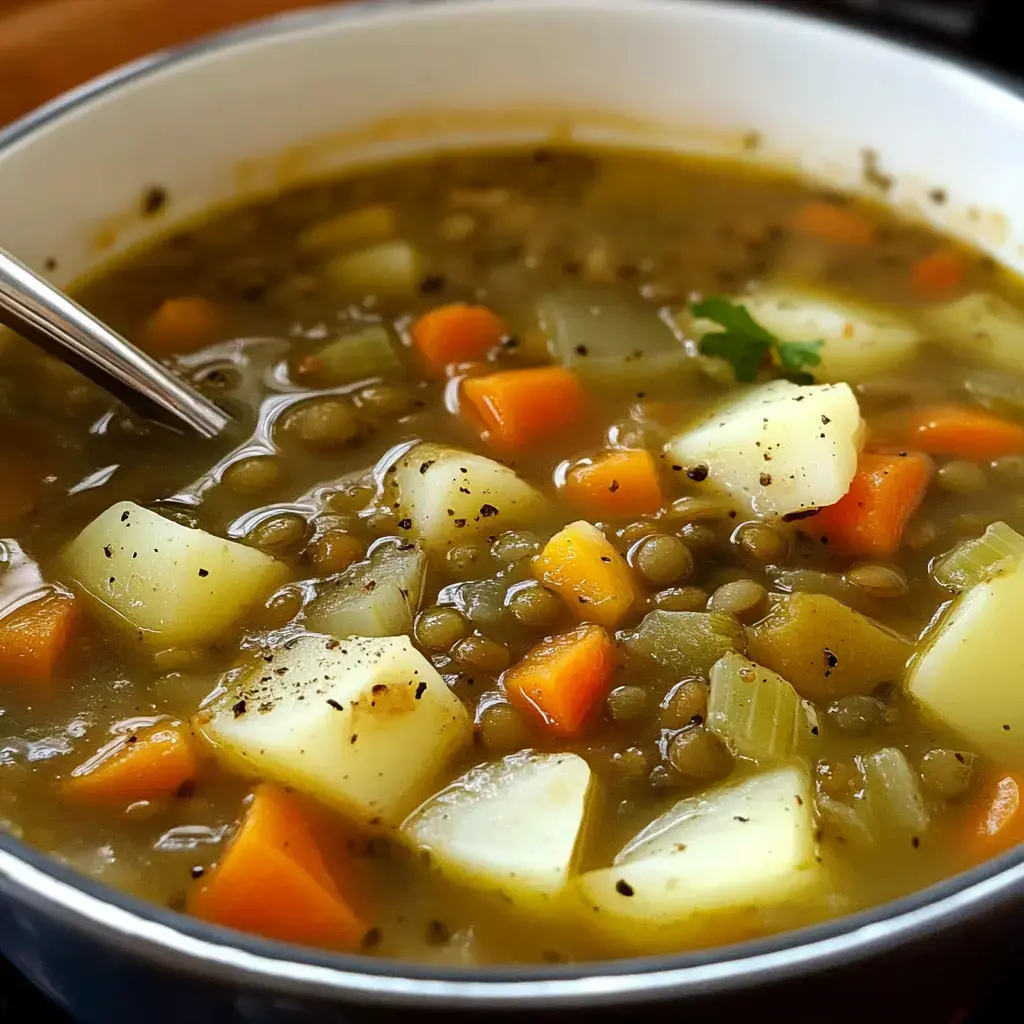 Bowl piled with lentil soup, potatoes, carrots, and celery, cilantro on top.