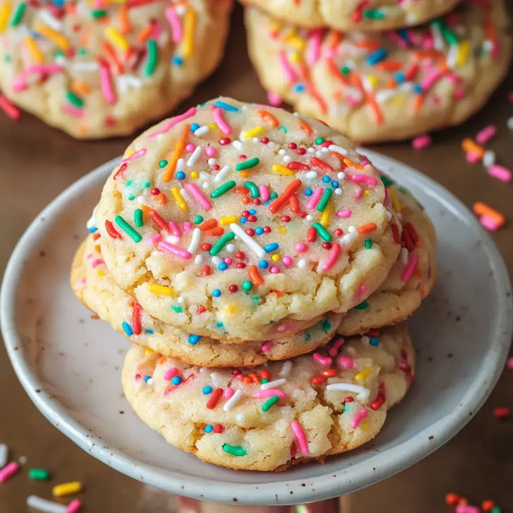 A close-up view of a stack of sprinkle-laden cookies on a plate, surrounded by extra cookies and scattered sprinkles.