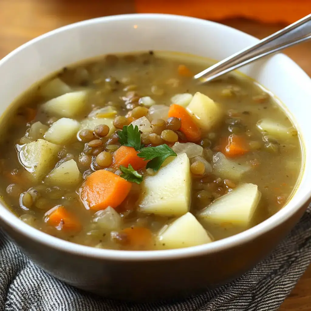 Steaming bowl of lentil soup, packed with carrots and potatoes, fresh parsley sprinkled on top.