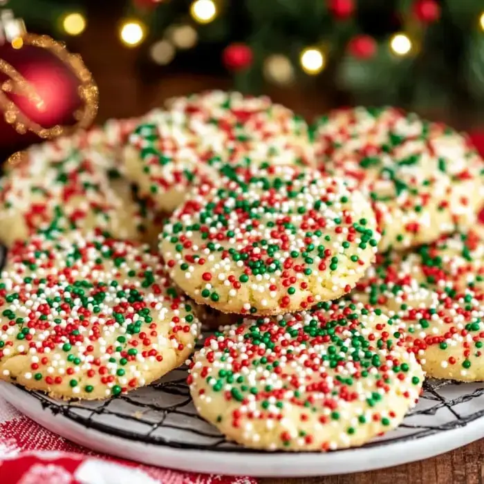 A plate loaded with bright holiday cookies covered in red, green, and white sprinkles, with festive decor around them.