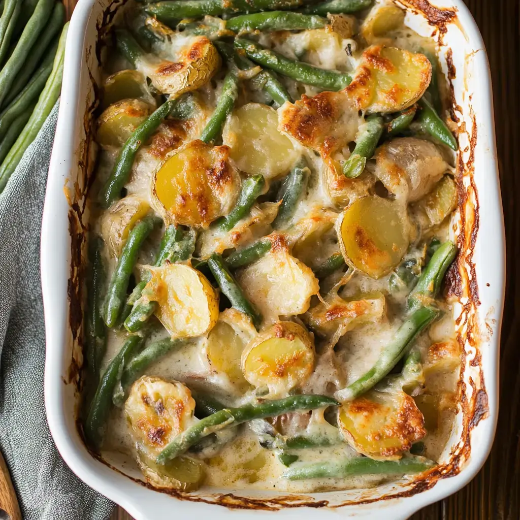 Cheesy green bean and potato dish with a gooey golden layer.