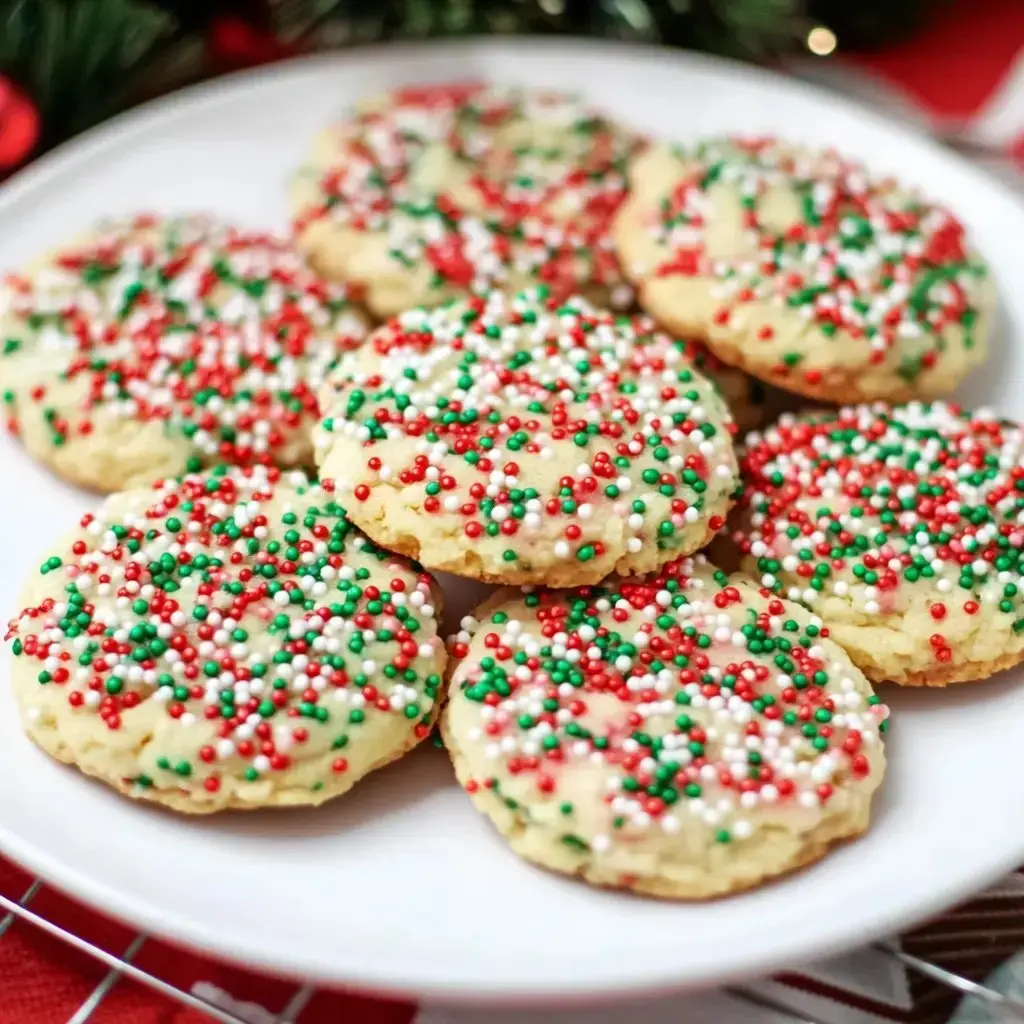 A big plate of holiday sugar cookies with red, green, and white sprinkles, looking super festive.