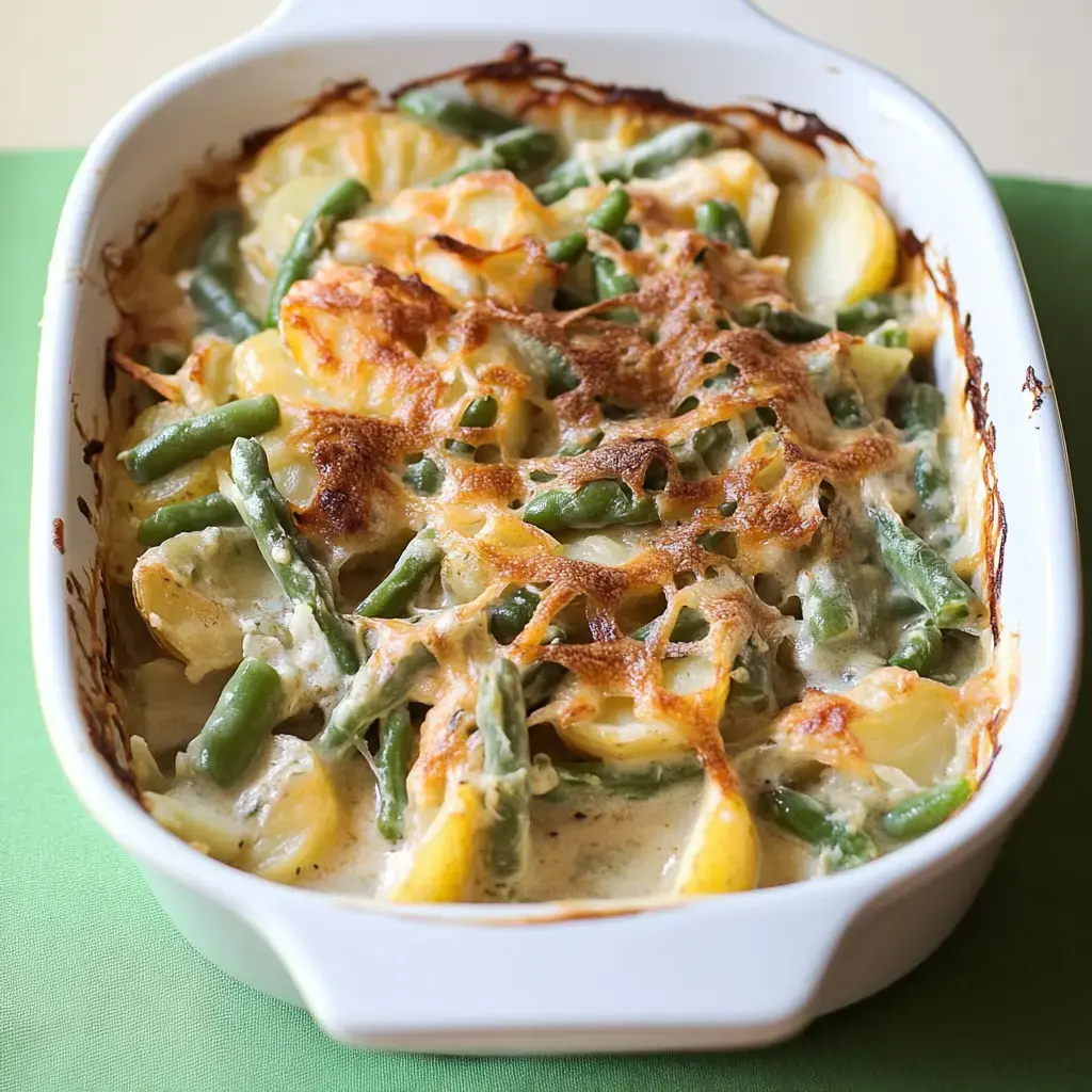 Baked green beans and potatoes with bubbling cheese on top.