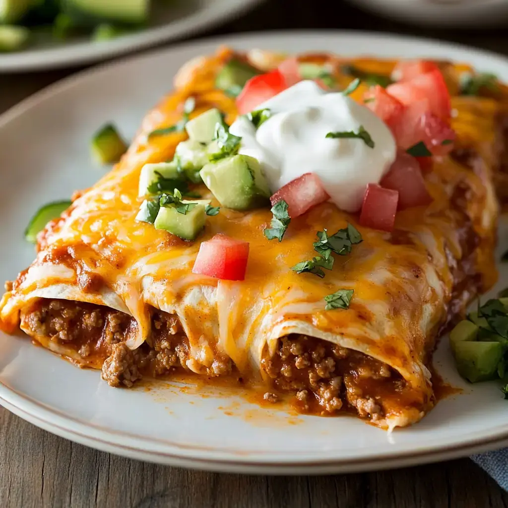 A plate piled with saucy beef enchiladas, topped with fresh tomatoes, crisp cucumbers, cilantro, and a big spoonful of sour cream.