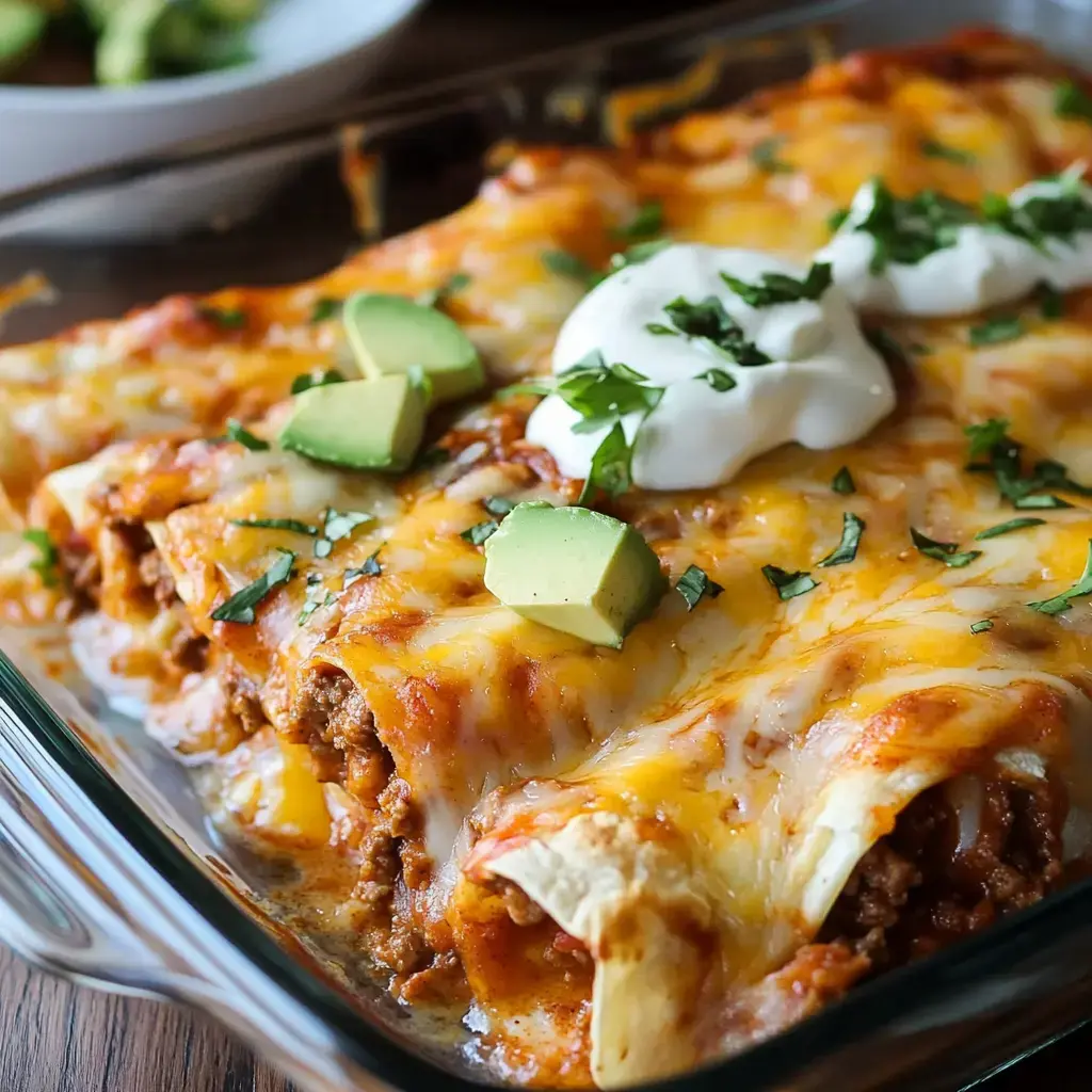 Up-close shot showing cheesy ground beef enchiladas, topped with avocado chunks, cilantro, and a big dollop of sour cream right in a glass baking dish.