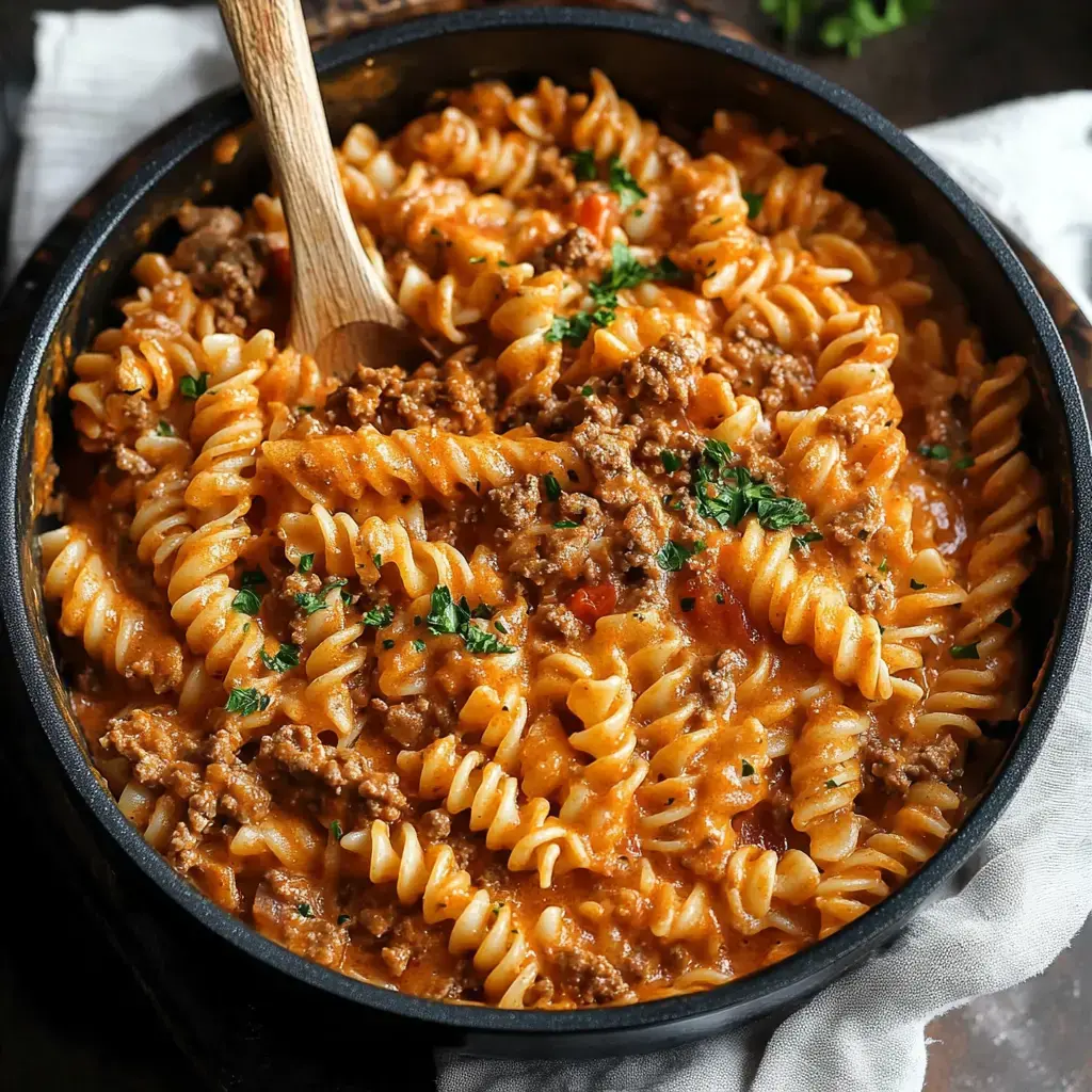 Hearty rotini pasta and beef in creamy tomato sauce with herbs on top.