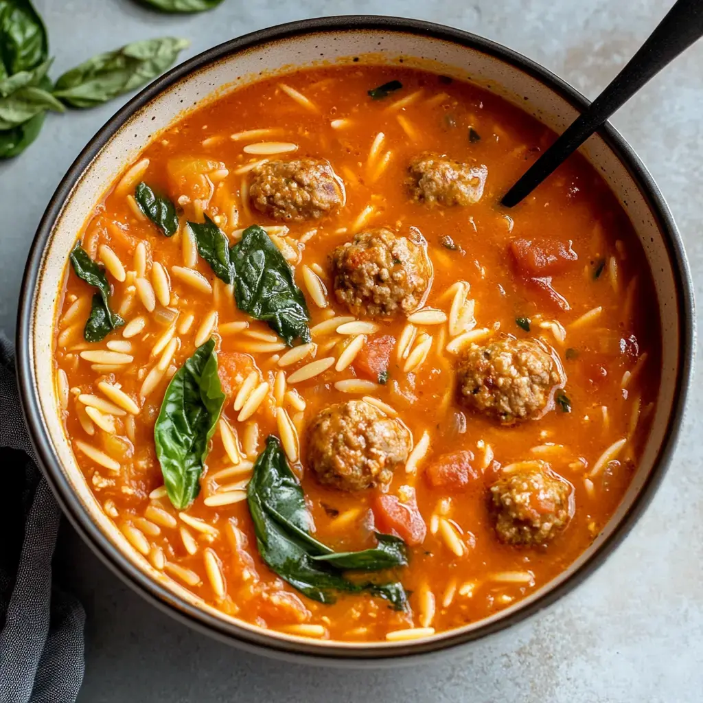 A bowl showing tomato soup with meatballs, orzo pasta, and basil leaves on top.