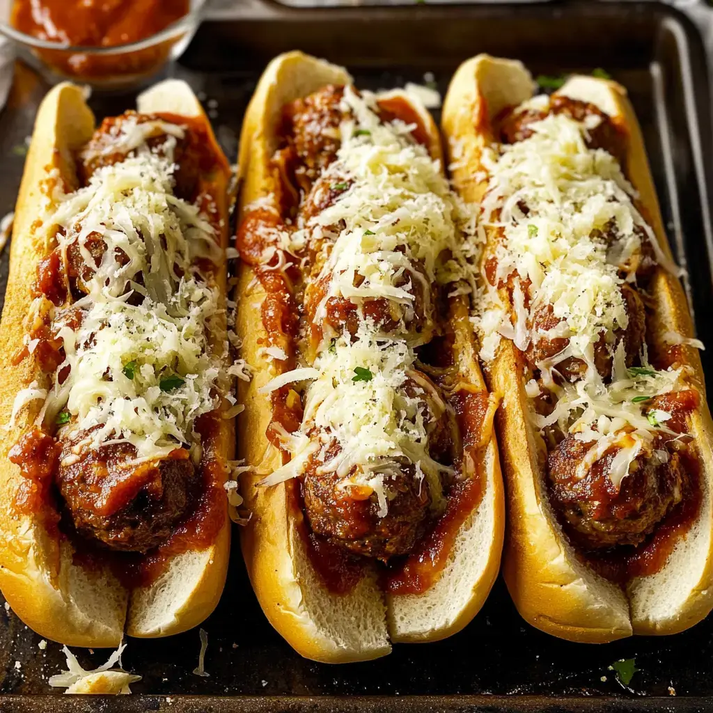 Three sub sandwiches loaded with meatballs, marinara, and a layer of melted cheese are sitting on a baking tray.