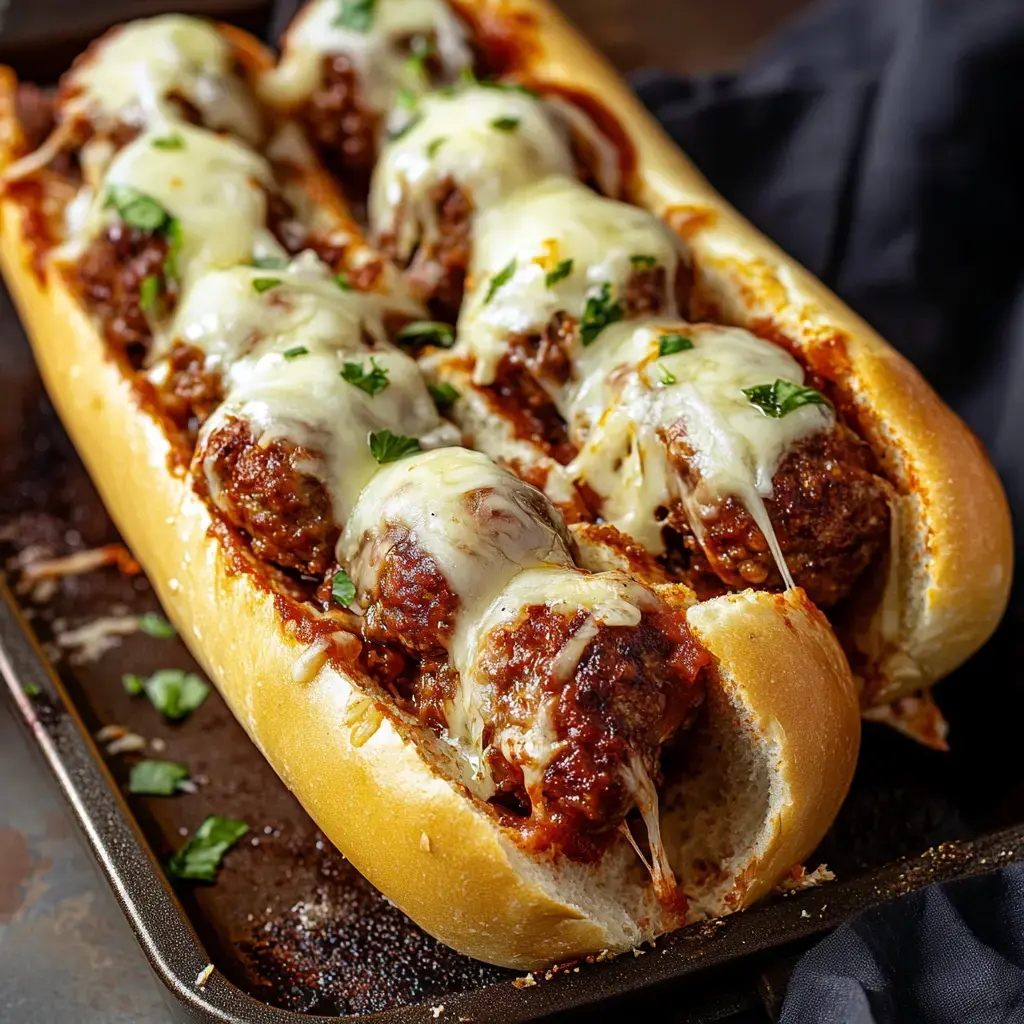 A big sandwich stuffed with saucy meatballs and melted cheese with parsley sprinkled on top sits on a baking tray.