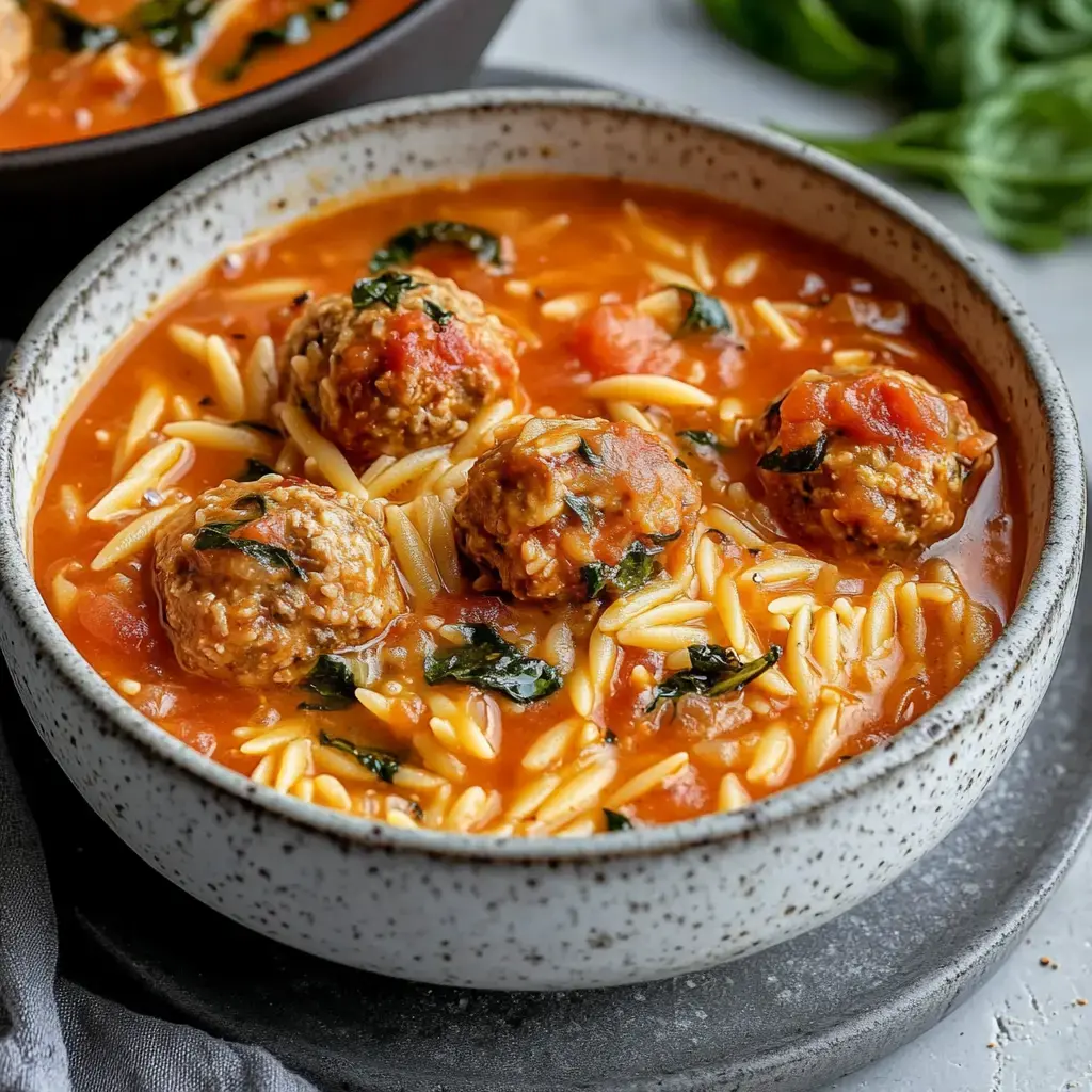 A cozy soup bowl with orzo, meatballs, juicy tomatoes, and wilted spinach in rich broth.