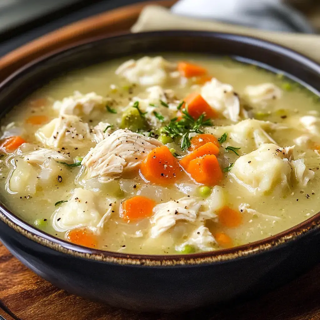 A comforting bowl loaded with chicken, bright carrots, peas, and pillowy dumplings in hearty broth.