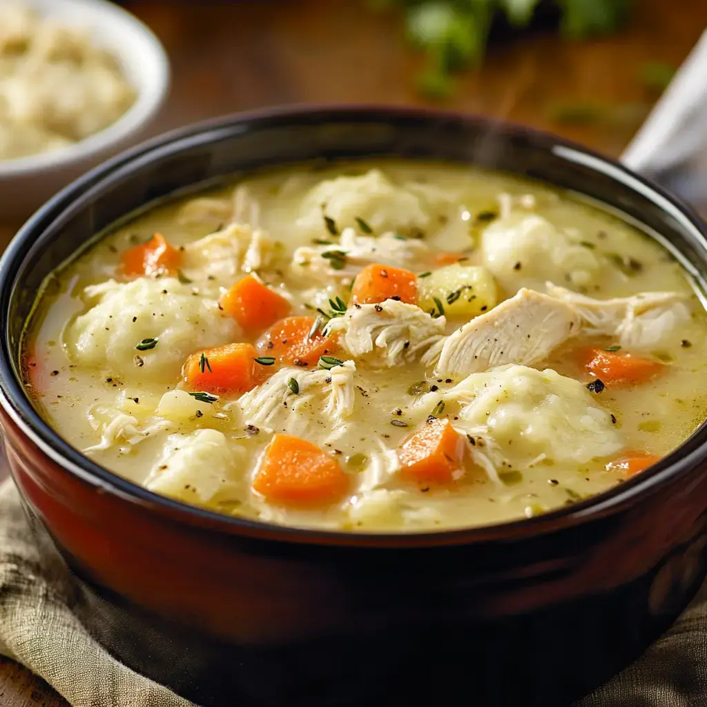 Steam rising from a bowl brimming with tender chicken, bright carrots, and fluffy dumplings, topped with herbs.