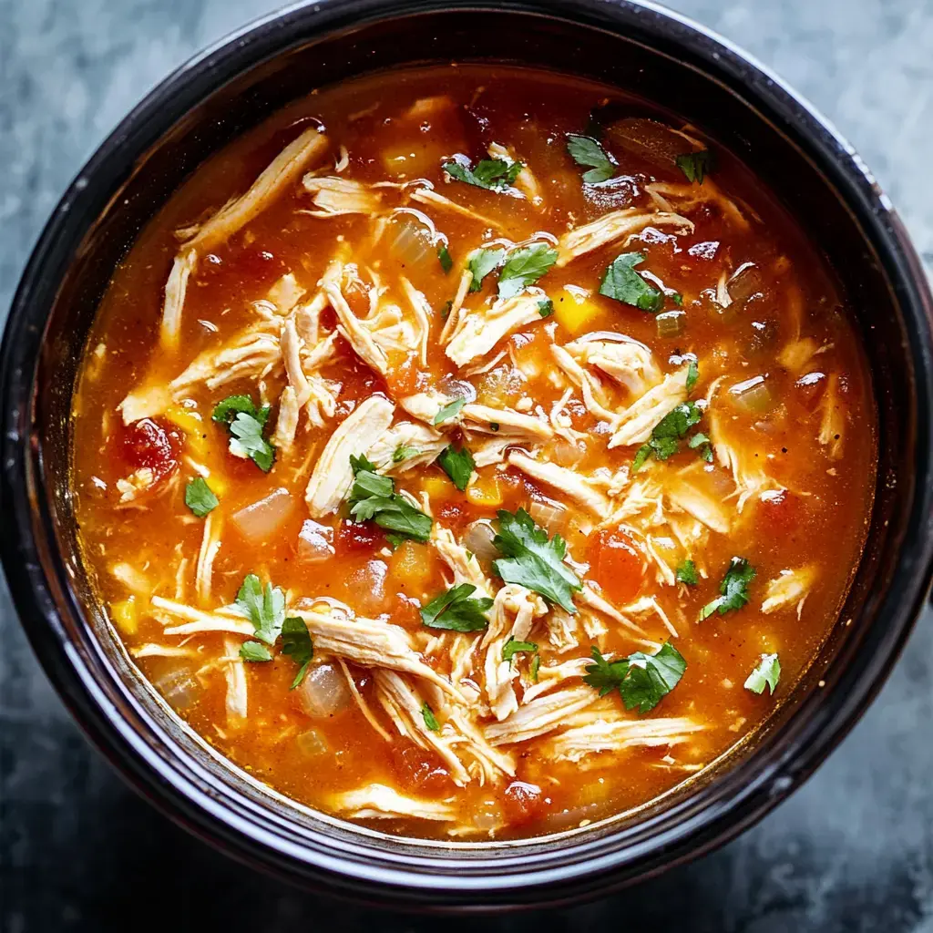 A bowl packed with chicken, vegetables, and topped with chopped cilantro seen up close.