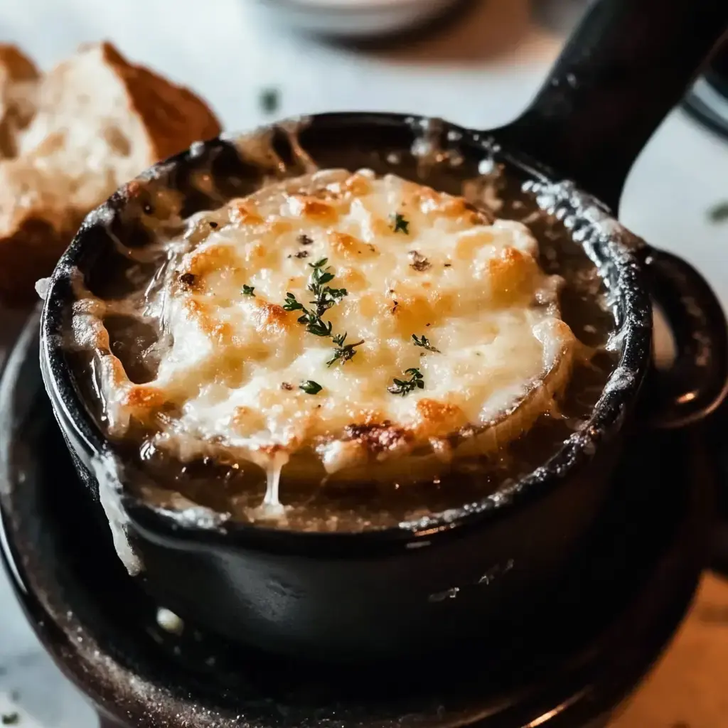 Bowl of French onion topped with gooey cheese and a thyme sprig, with a slice of bread on the side.