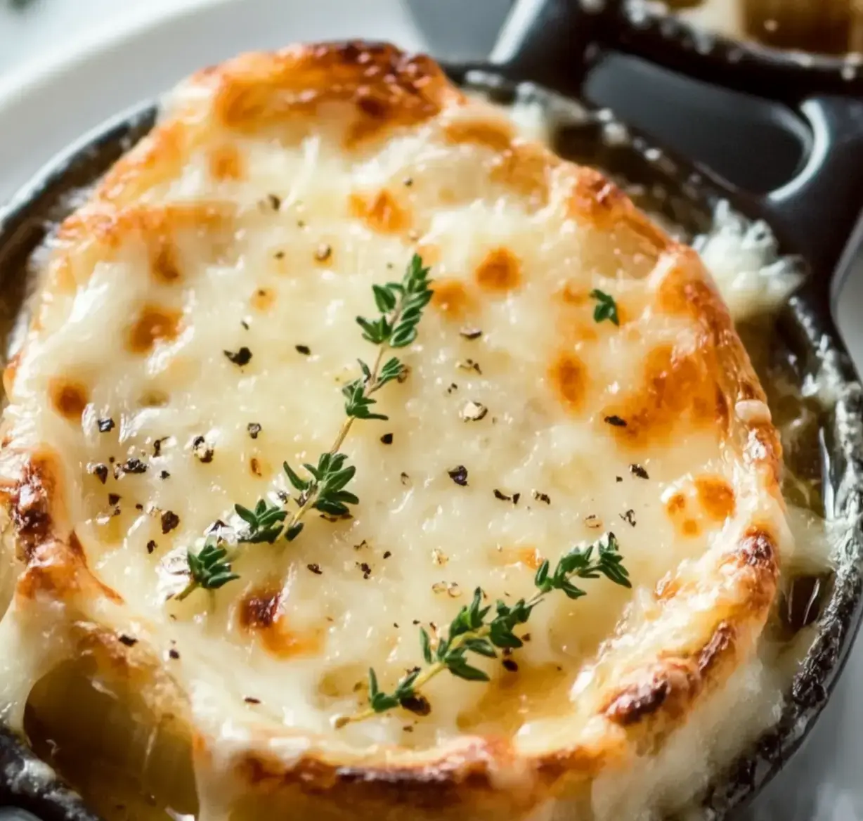 Golden baked cheesy top with fresh thyme and cracked pepper in a mini cast iron pan.