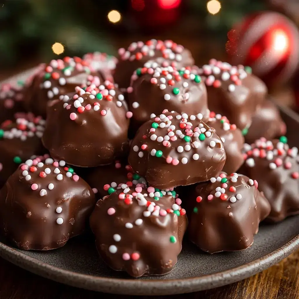 Chocolate candies covered with festive red, green, white sprinkles on a plate.