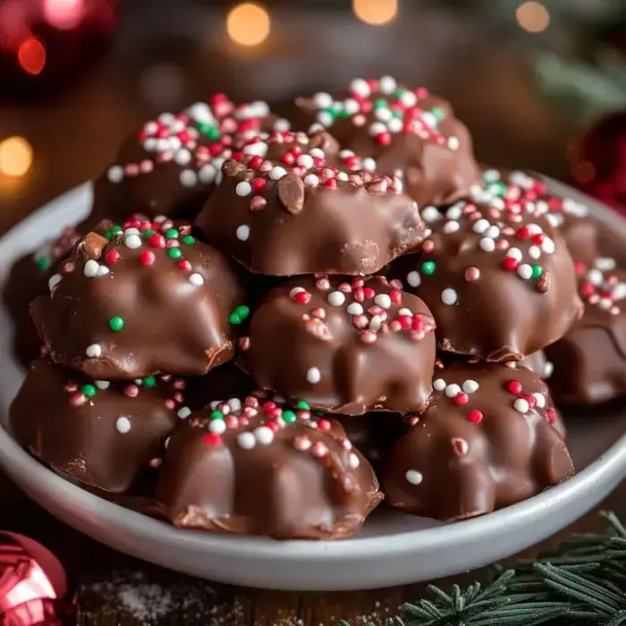 Festive chocolate treats decked out in red, green, and white sprinkles sit on a plate.