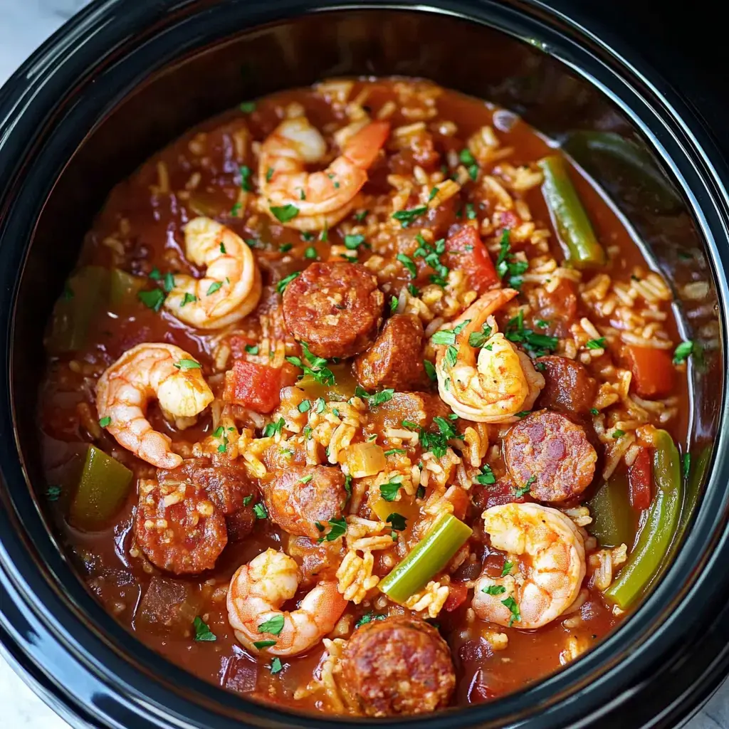 Shrimp and sausage in a slow cooker with rice and parsley—close up and loaded with flavor.