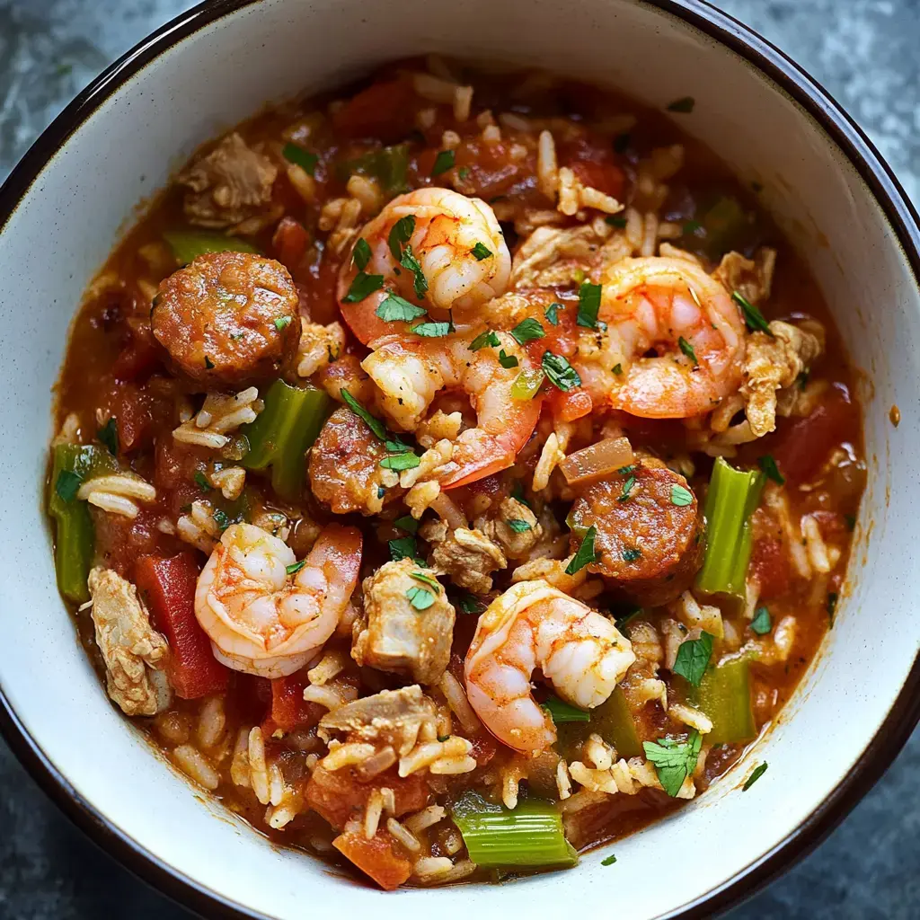 A bowl filled with jambalaya—shrimp, sausage, rice, tomatoes, and parsley—ready to eat.