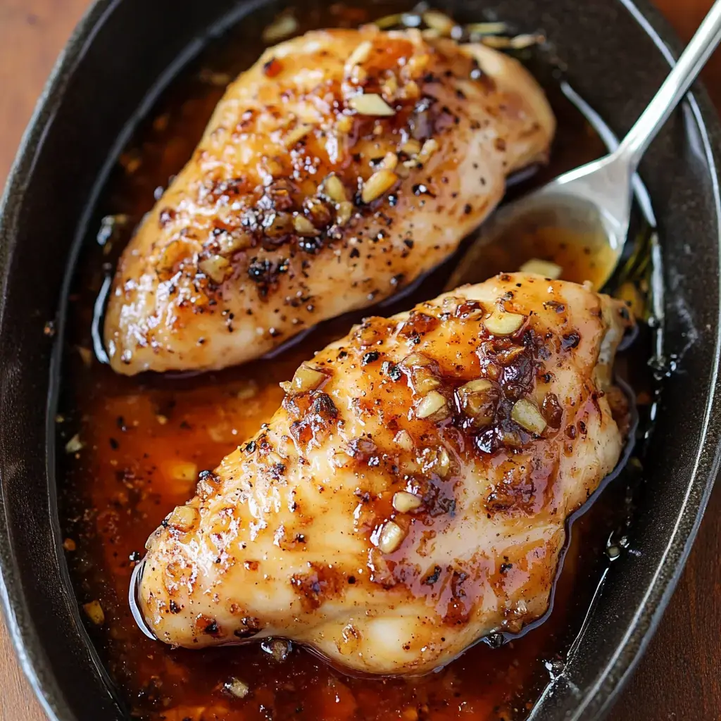 Two juicy chicken breasts glistening with garlic and brown sugar sauce sit together in a dark pan, ready to eat.