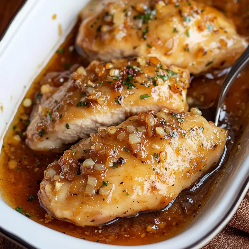 Three chicken breasts in a white dish, coated in a glossy, sweet sauce with fresh herbs and a sprinkle of onion, all ready to dig in.