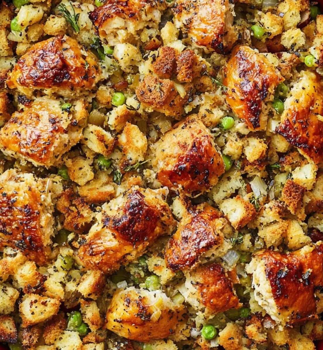 Golden baked stuffing dotted with green peas and fresh herbs, close up.