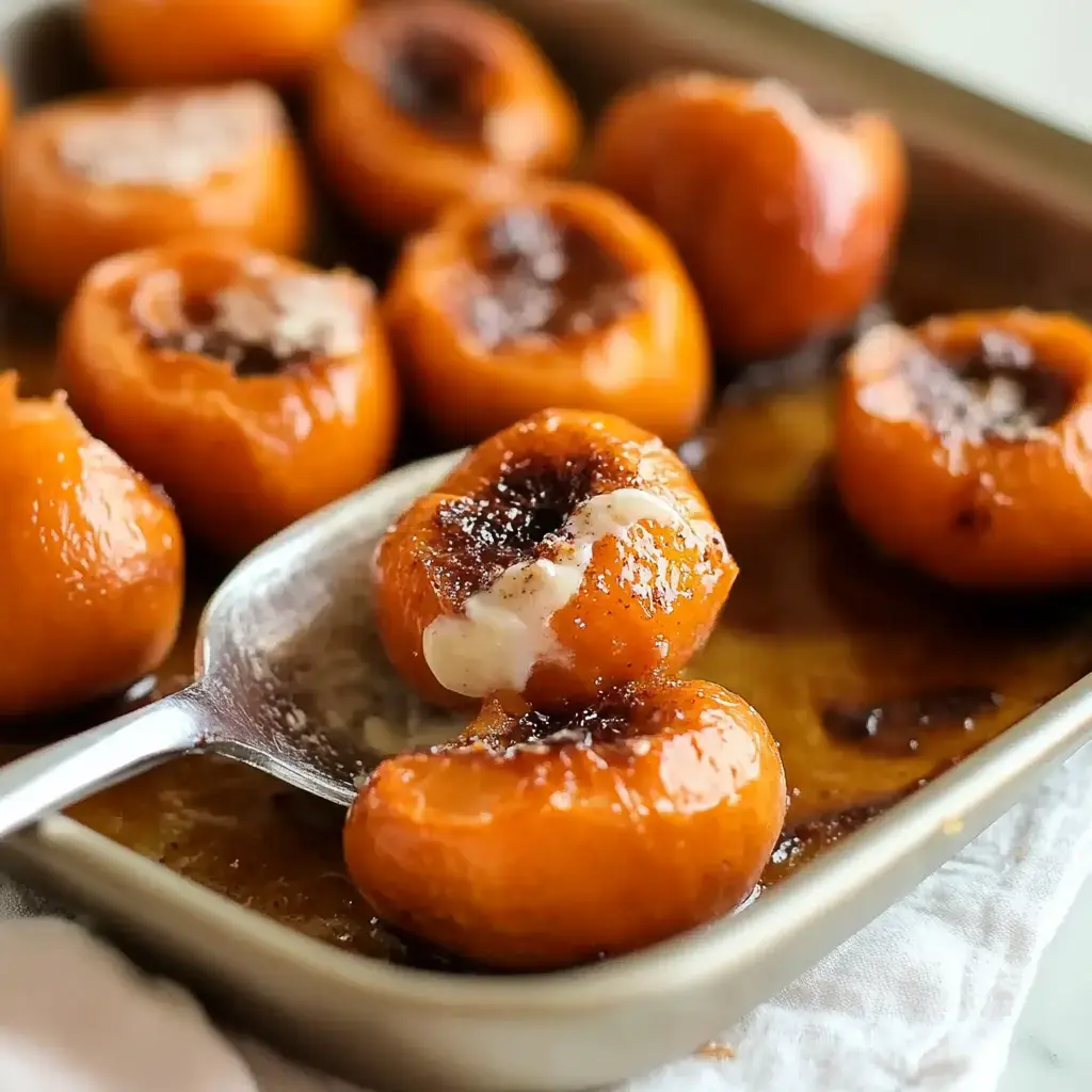 Caramelized baked peaches up close, one peach scooped up showing a creamy middle.