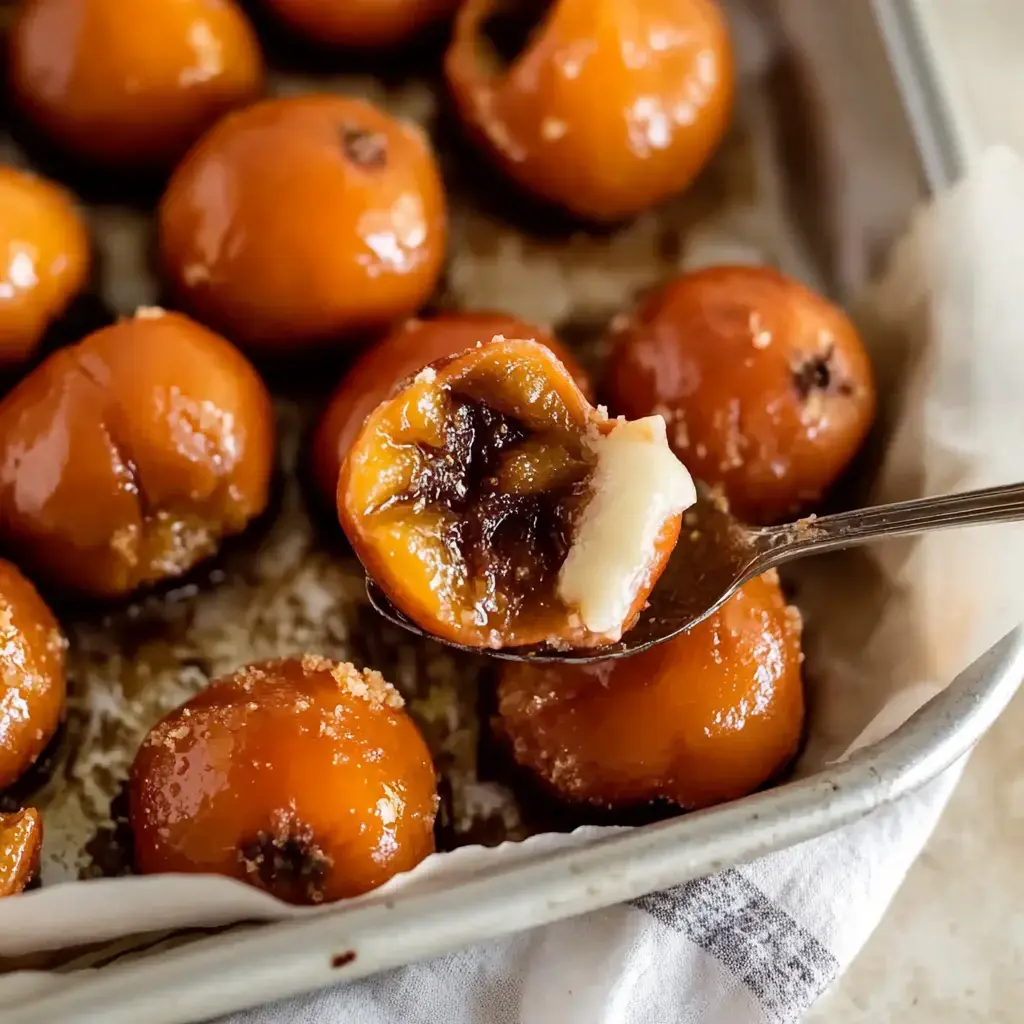 A baking tray filled with shiny, roasted fruit, one held up on a spoon showing a sweet inside.