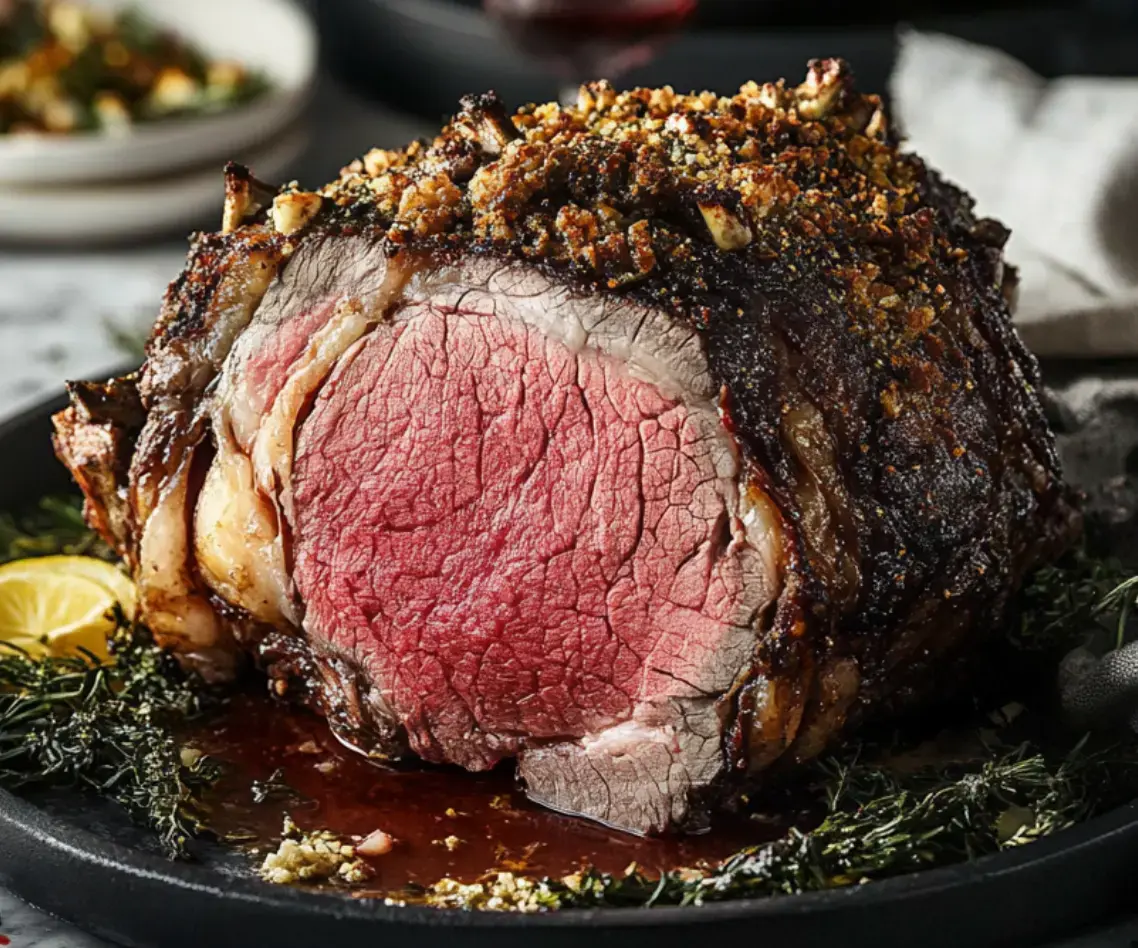 A beautiful medium-rare roast beef with a golden herb crust on a black serving dish.