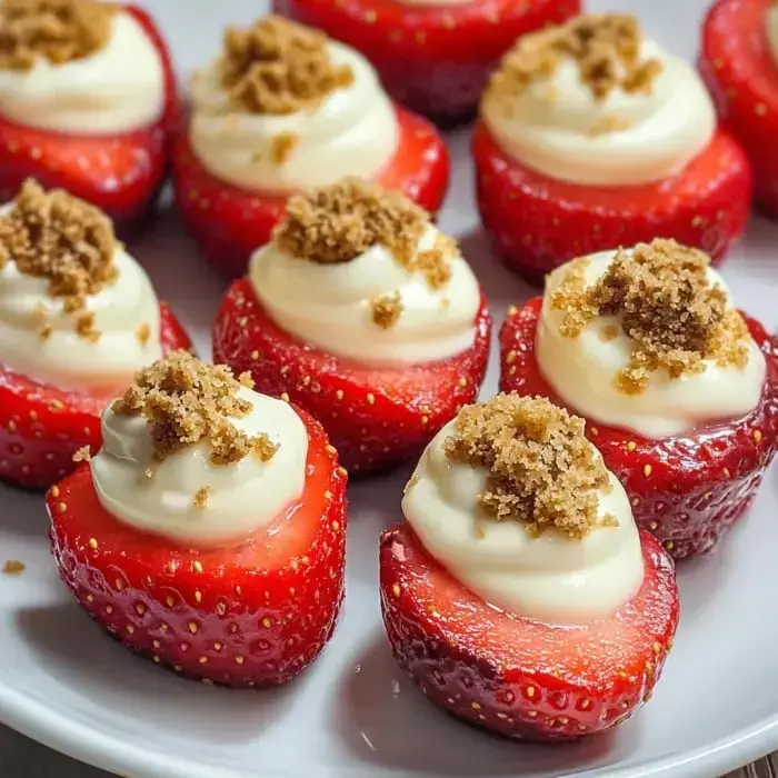 Strawberry halves filled with creamy topping and a brown sugar dusting sit on a white plate.