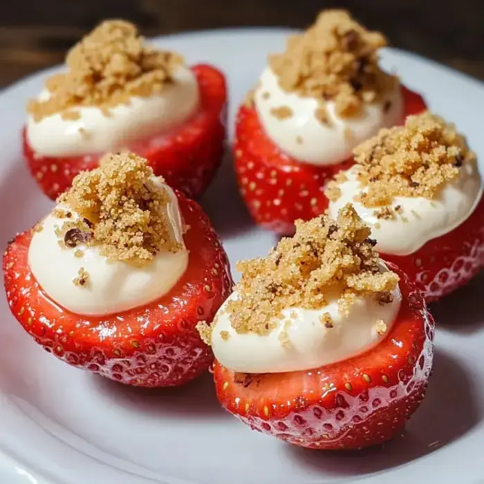 Strawberry halves topped with creamy filling and a dusting of brown sugar on a platter.