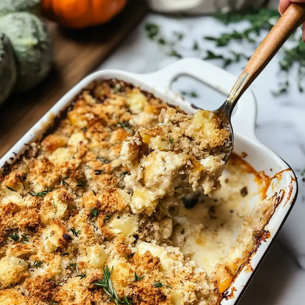 A bubbly pan of golden-brown casserole, creamy inside, with a crunchy top. Someone scoops a serving nearby a few pumpkins and sprigs of herbs.