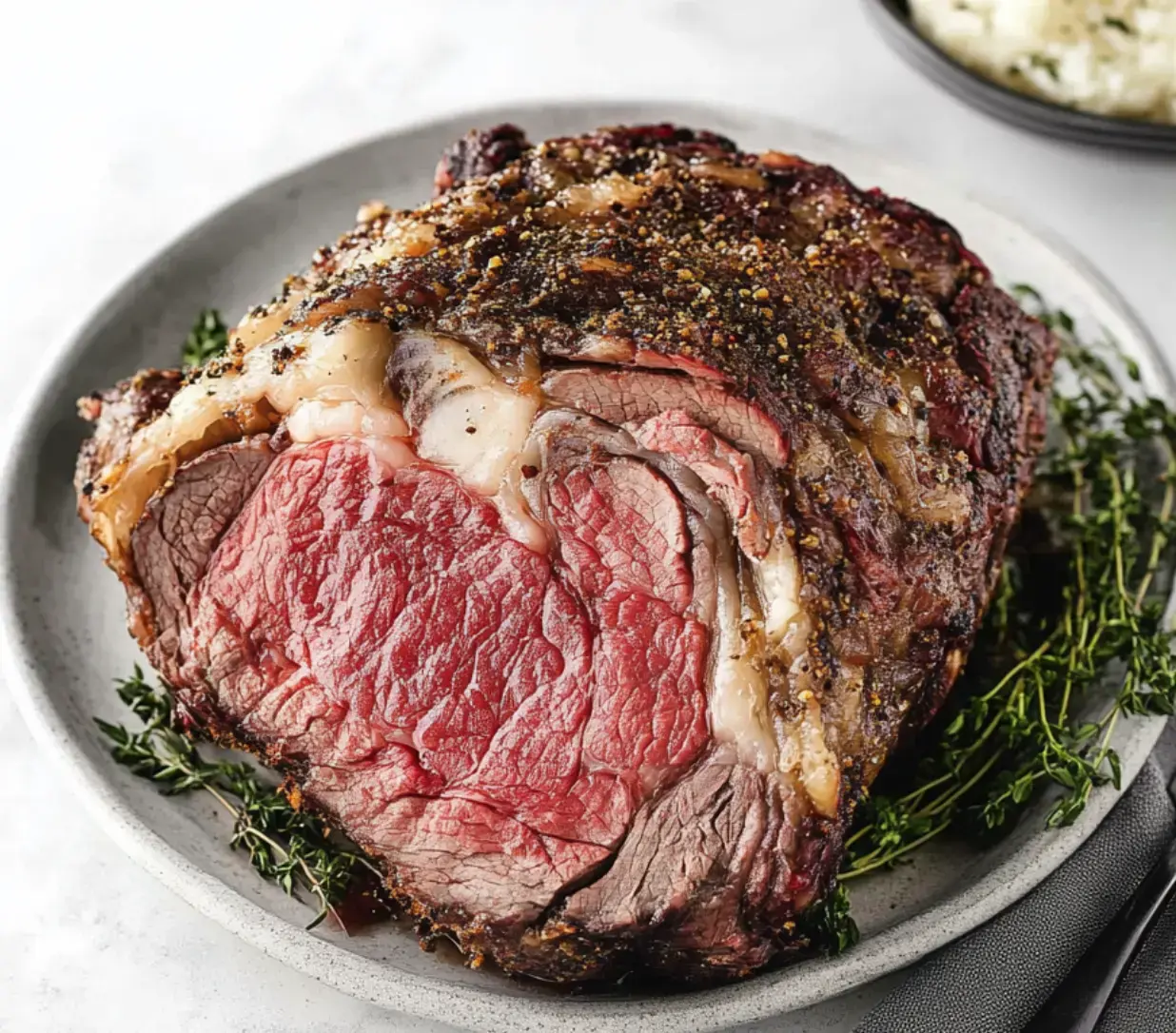 A juicy rib roast with fresh thyme on a gray dish, ready to eat.