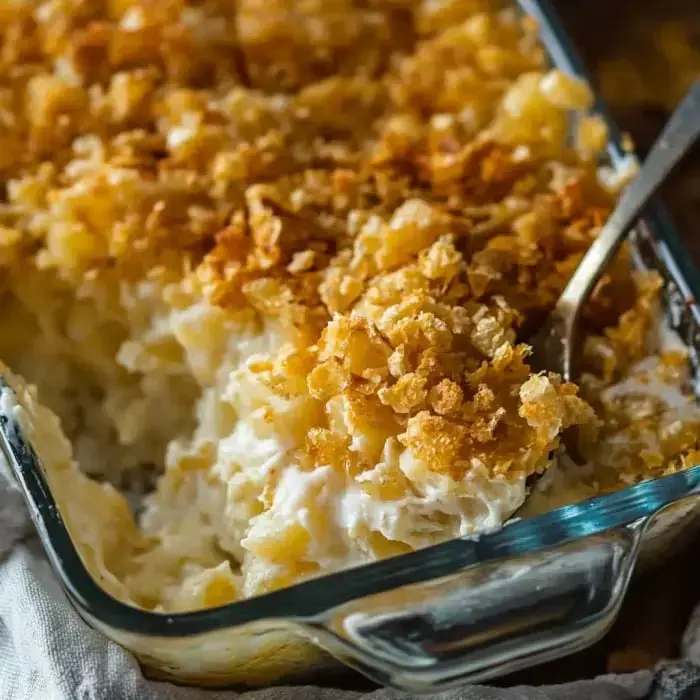 Creamy, cheesy bake topped with crunchy, toasted cornflakes and a serving spoon in a glass pan.