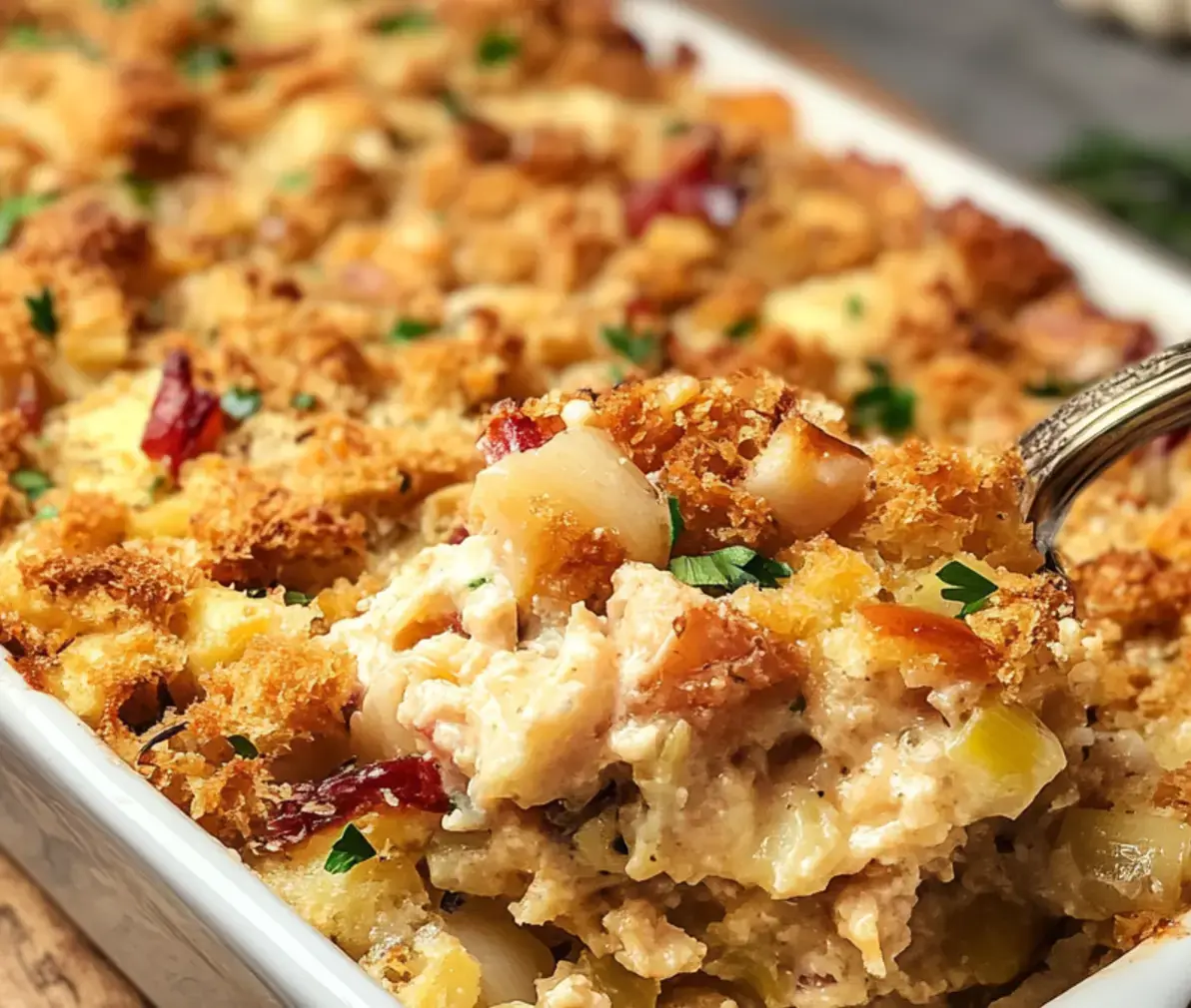 Zoomed-in scoop of creamy casserole, topped with crispy browned crumbs, flecked with bits of veggies and herbs.