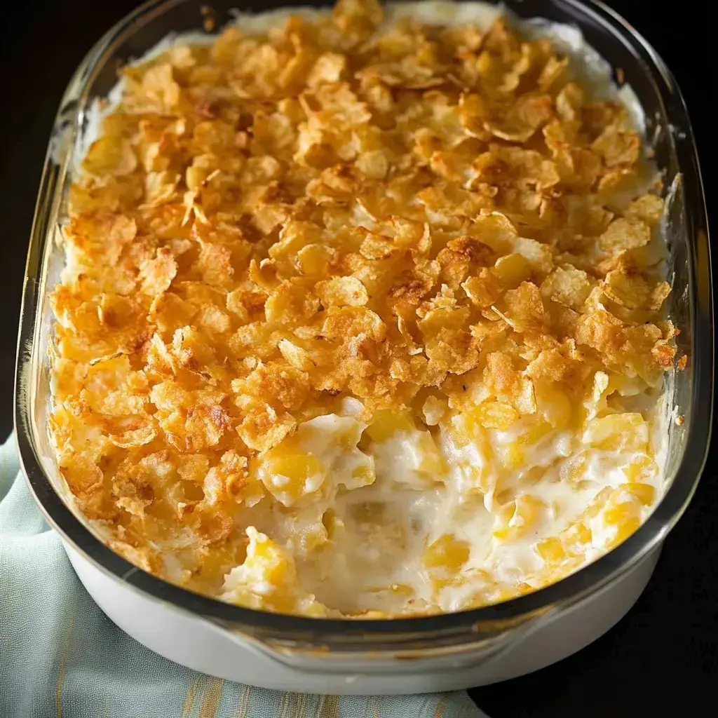 Crunchy, golden cornflake topping covers a creamy layer beneath in a hot-from-the-oven pan.