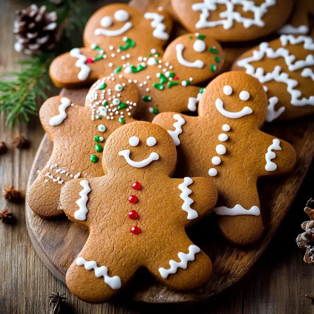 Lots of gingerbread men all dressed up on a wooden tray.
