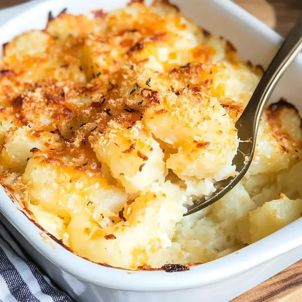 Creamy cheesy potatoes with a crisp top, scooped into a white baking dish.