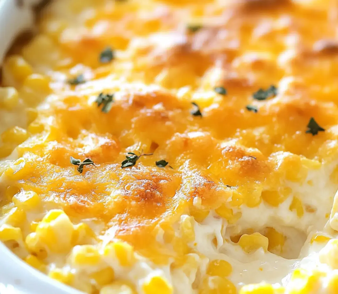 Close view of a cheesy corn dish baked with gooey cheese and fresh herbs scattered on top.