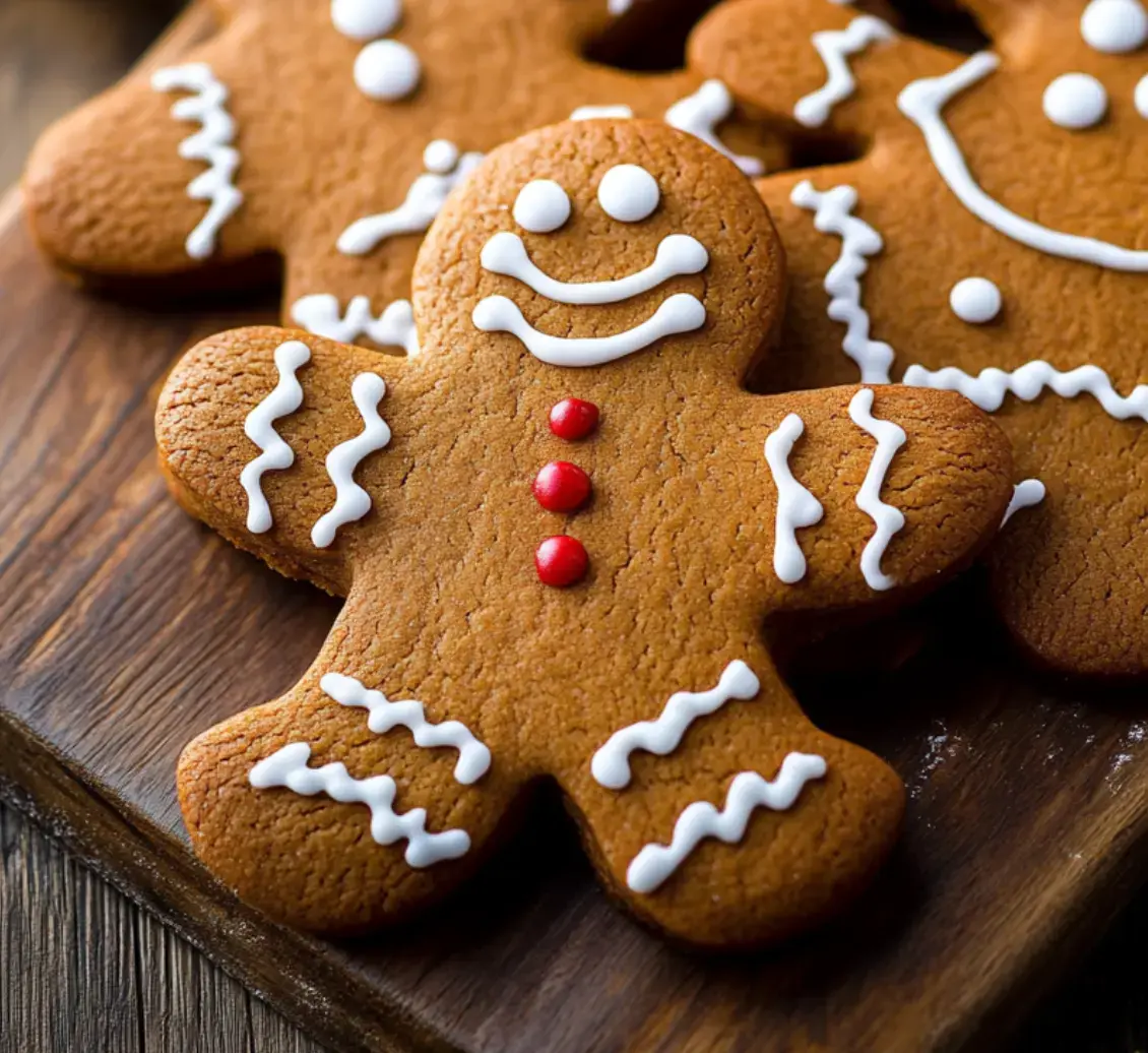 Gingerbread men up close, with white icing and bright red candy buttons.