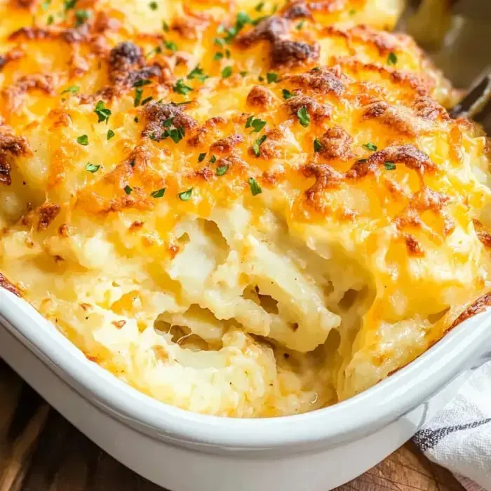 Golden brown casserole with cheesy topping and a sprinkle of fresh herbs.