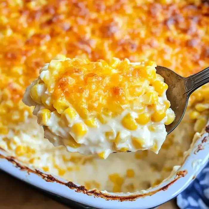 Spoon scooping up golden cheesy corn from a baking pan, cheese stretching.