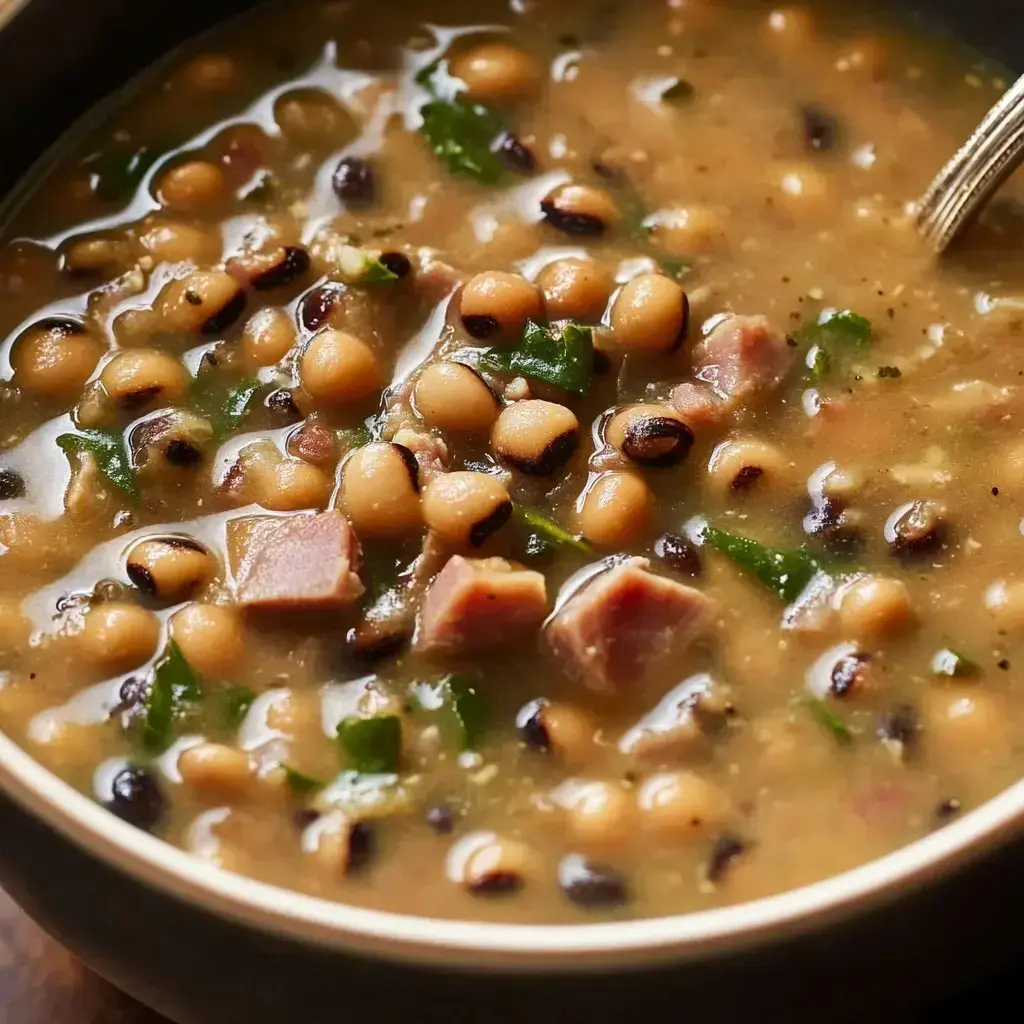 A close-up showing a cozy soup with black-eyed peas, chunks of meat, and fresh herbs on top.
