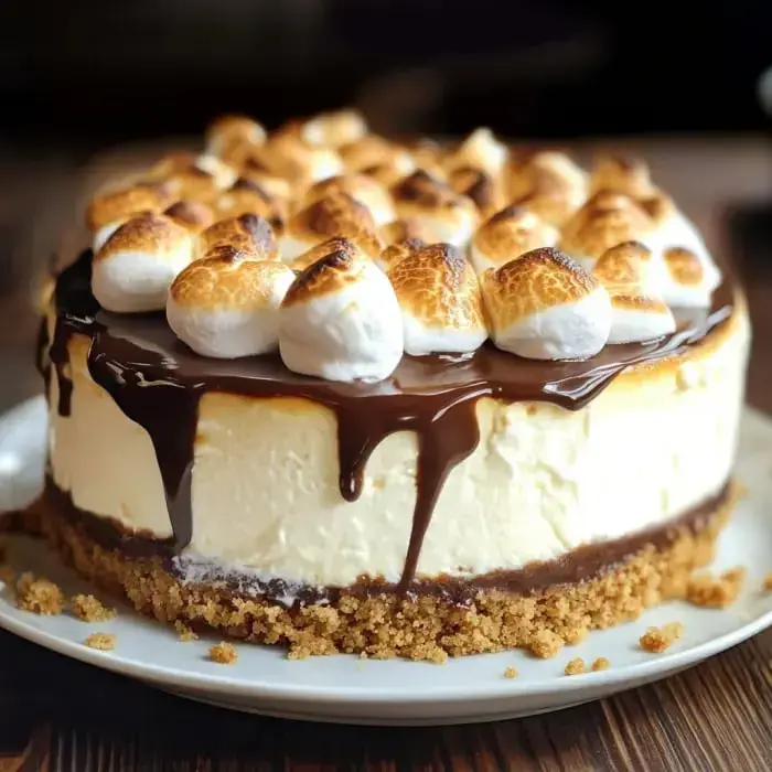 Cheesecake loaded up with gooey chocolate and toasted marshmallows on a crunchy graham crust.