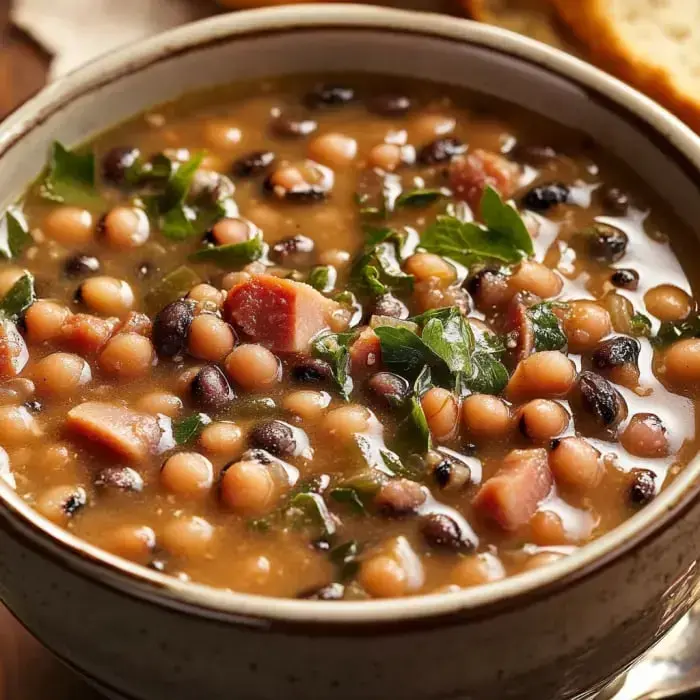 A cozy bowl filled with black-eyed peas and smoky ham, topped with fresh green herbs.
