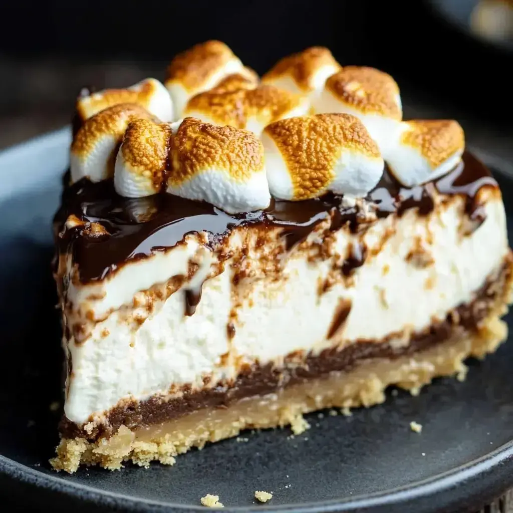 Triangle wedge of a layered dessert with graham crust, chocolate, creamy center, toasty marshmallow clouds, and a drizzle of chocolate.