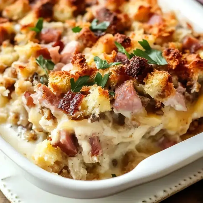 Creamy casserole with crunchy topping, bits of ham, and a sprinkle of parsley to finish.