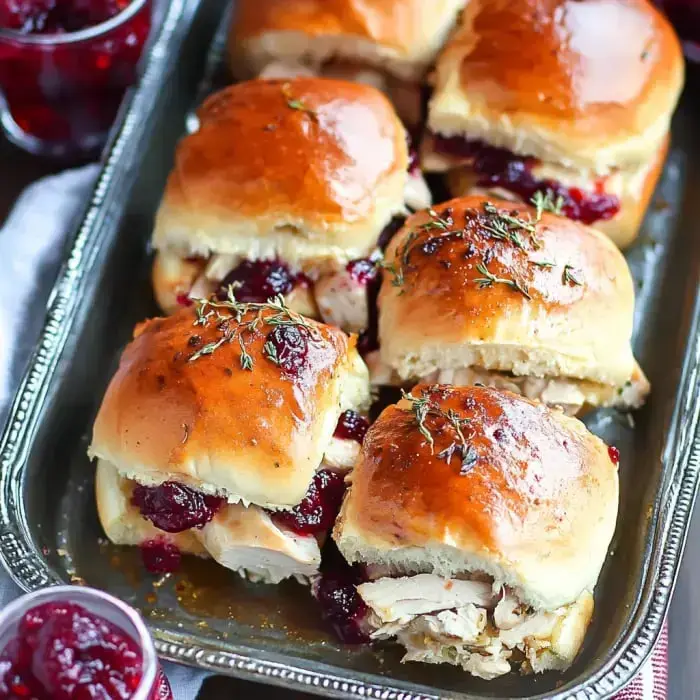 A platter piled with turkey and cranberry sliders, all golden with a fresh thyme sprig on top.